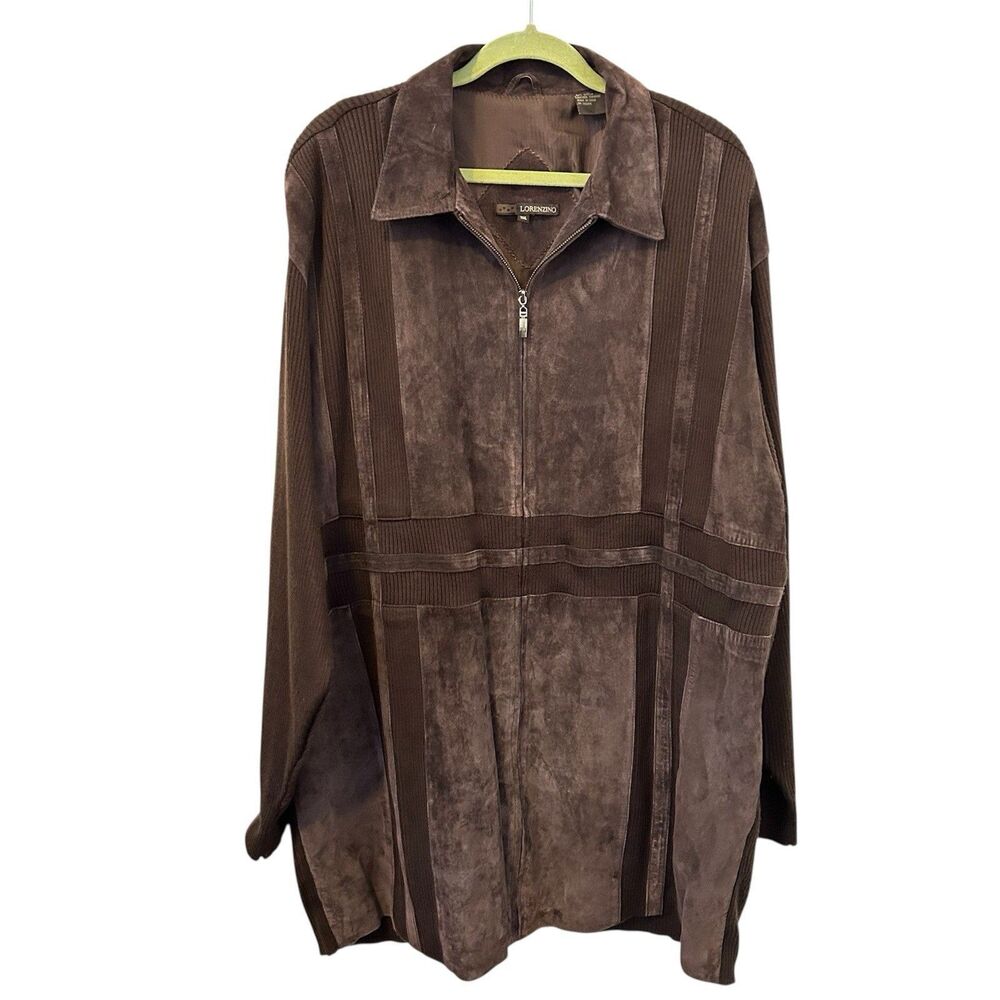 Lorenzino Mens Suede Leather & Wool Brown Sweater Sz 3X Mixed Media Eclectic zip